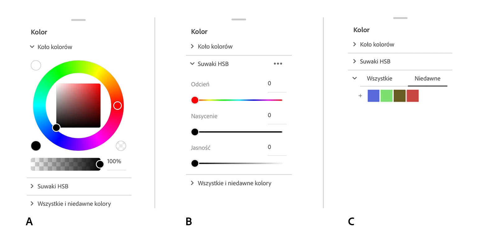 Panel Kolor zawiera trzy kluczowe elementy sterujące: koło kolorów, suwaki HSB i ostatnio używane kolory