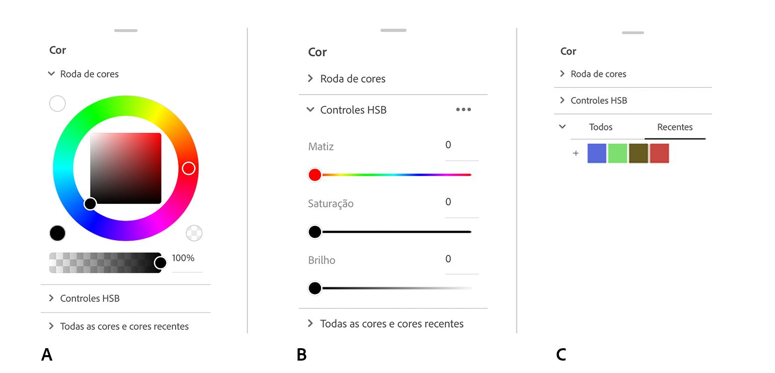 O painel Cor tem três elementos principais: o disco de cores, os controles deslizantes HSB e as cores usadas recentemente