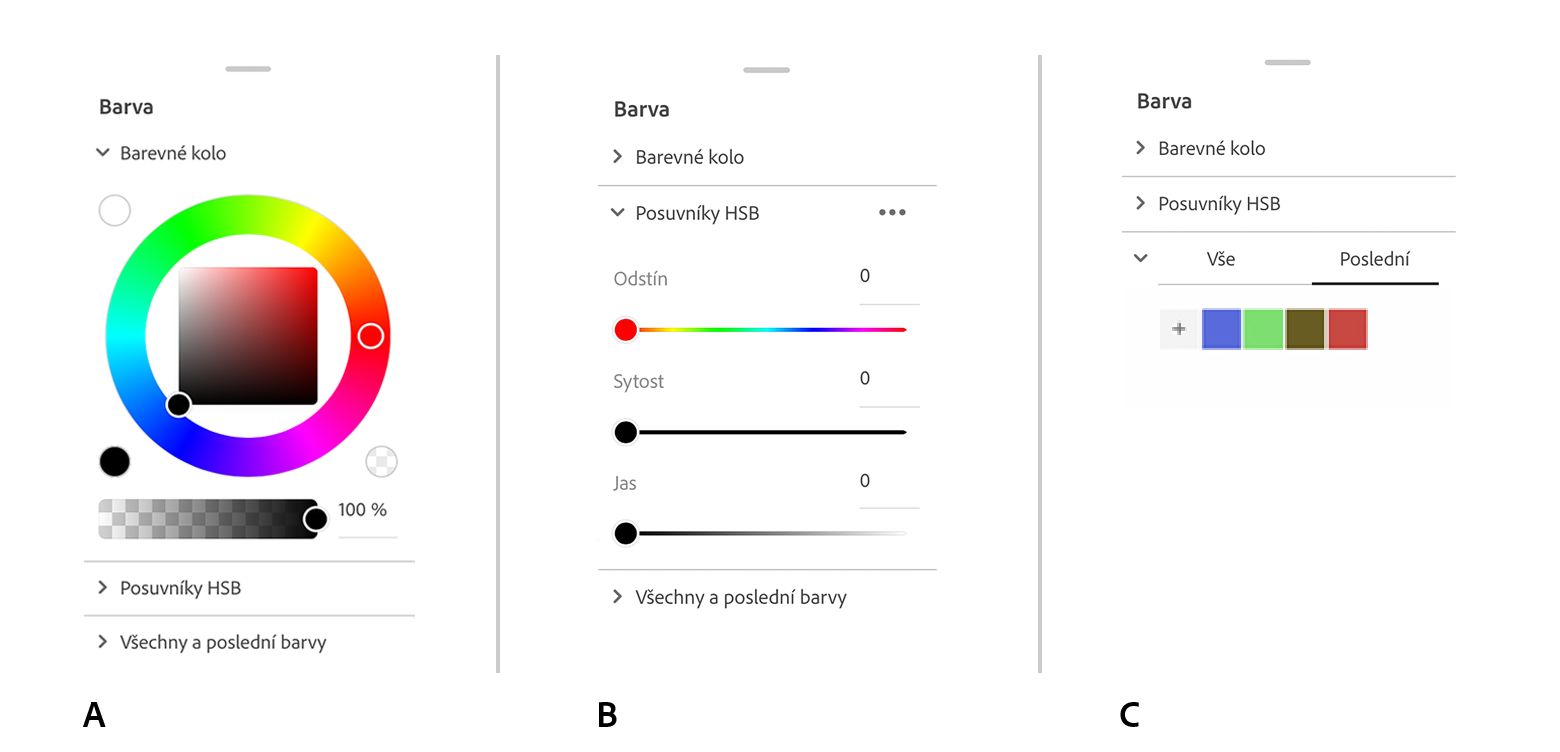 Panely barev obsahuje tři klíčové ovládací prvky: kolo barev, posuvníky HSB a nedávno použité barvy