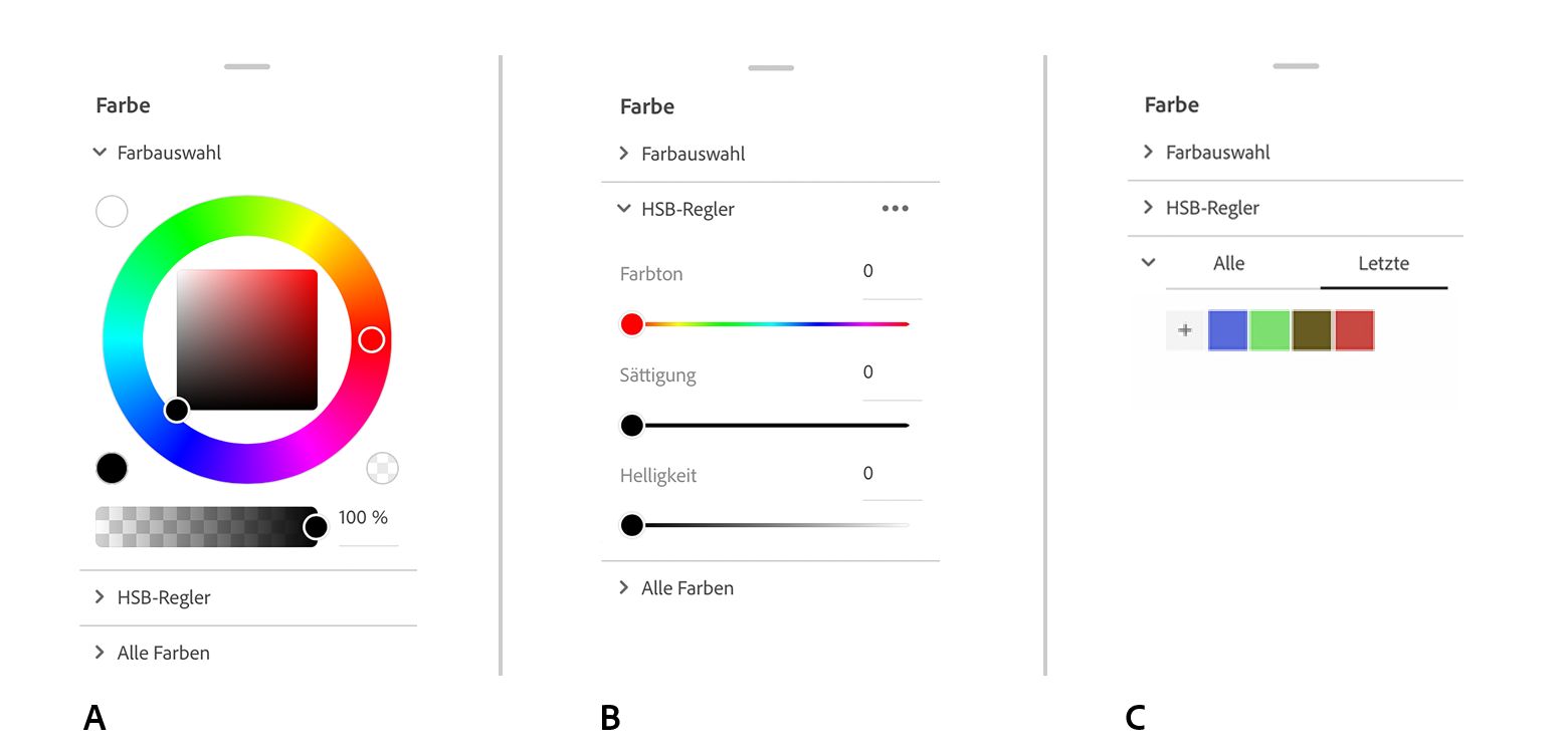 Das Farb-Bedienfeld verfügt über drei wichtige Steuerelemente: Farbrad, HSB-Schieberegler und kürzlich verwendete Farben