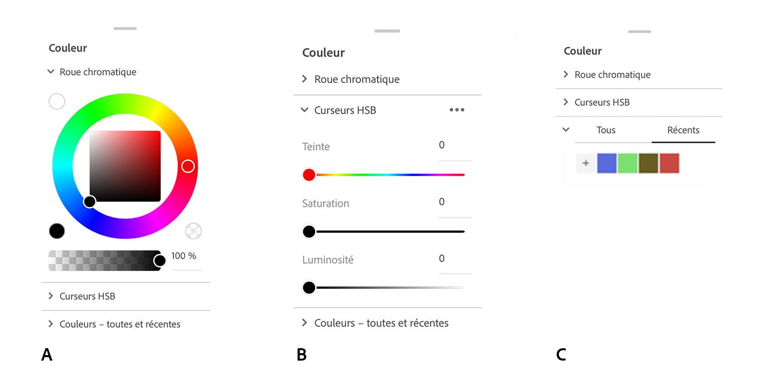 Le panneau Couleur comporte trois commandes principales : la roue chromatique, les curseurs TSL et les couleurs récemment utilisées.