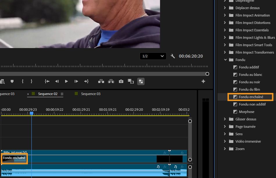 Dans le panneau Effets, la transition Fondu enchaîné est sélectionnée dans la section Transitions vidéo, avec la chronologie affichant la transition appliquée à un clip vidéo.