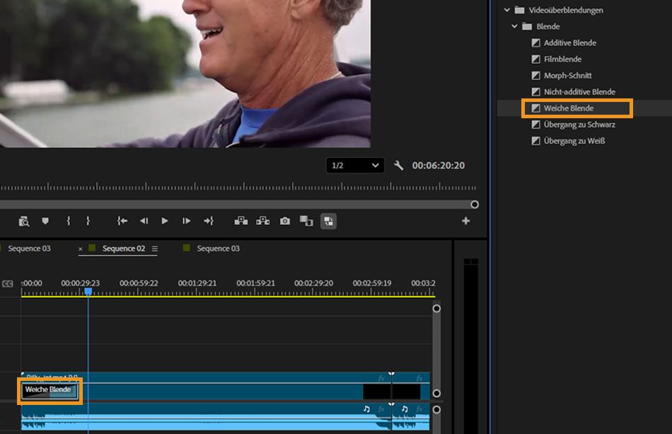 Im Bedienfeld „Effekte“ ist im Abschnitt „Videoüberblendungen“ der Überblendungseffekt „Weiche Blende“ ausgewählt. Das Schnittfenster zeigt die auf einen Video-Clip angewendete Überblendung.