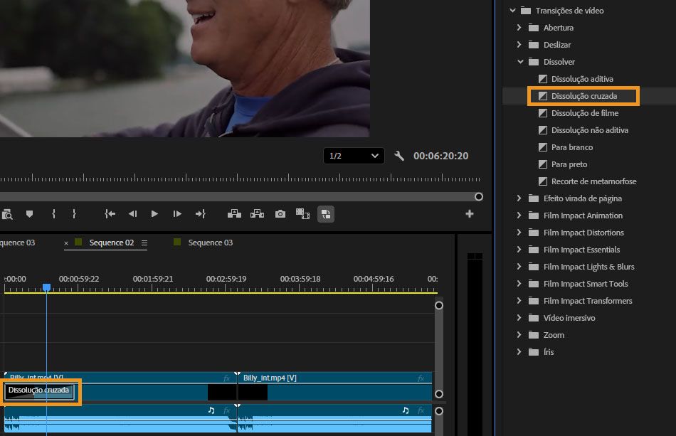 No painel Efeitos, a transição Dissolução Cruzada é selecionada na seção Transições de Vídeo, com a linha do tempo exibindo a transição aplicada a um clipe de vídeo.