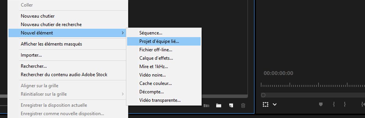 Dans le menu Paramètres du projet, l'option Nouvel élément est sélectionnée et le projet Team Project lié est mis en surbrillance pour créer un nouveau projet Team Project lié à un autre.