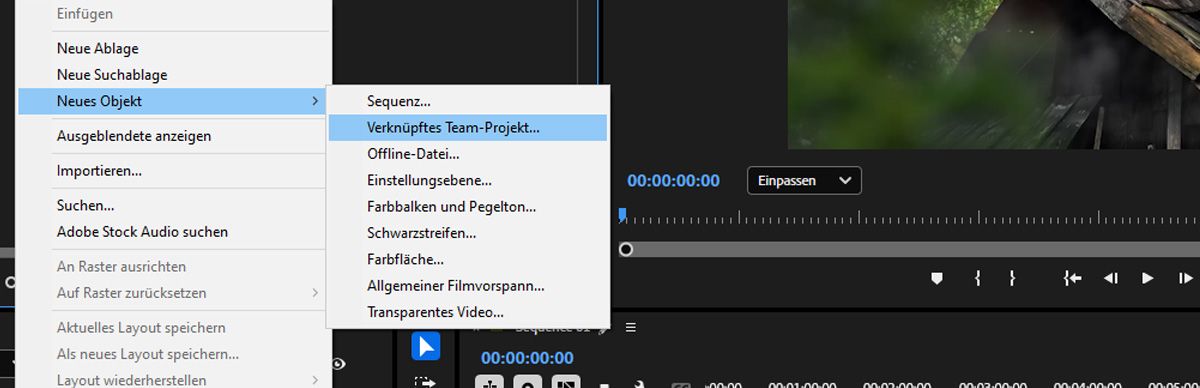 Im Menü „Projekteinstellungen“ ist die Option „Neues Objekt“ ausgewählt und die Option „Verknüpftes Team-Projekt“ ist hervorgehoben, mit der ein neues Team-Projekt erstellt wird, das mit einem anderen verknüpft ist.