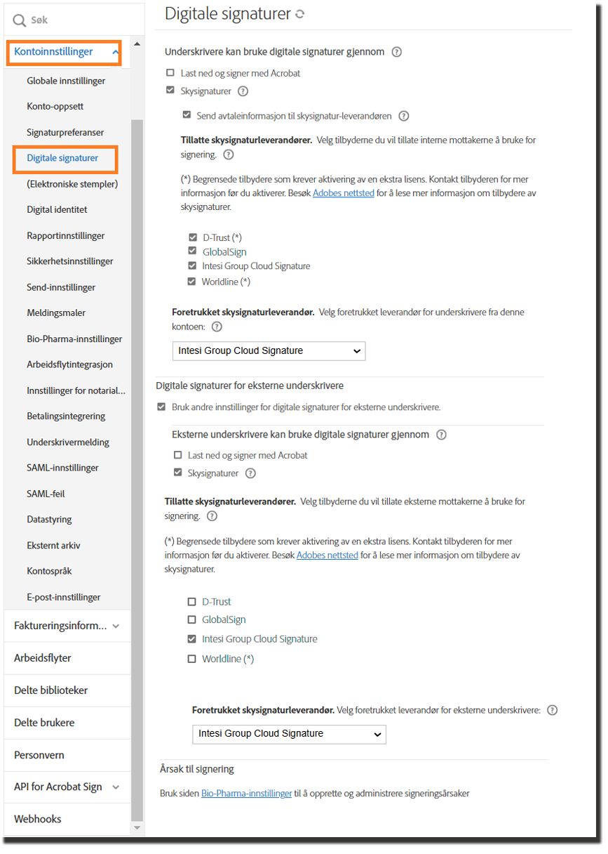 Den fullstendige siden for digital signatur i Admin-konfigurasjonsmenyen