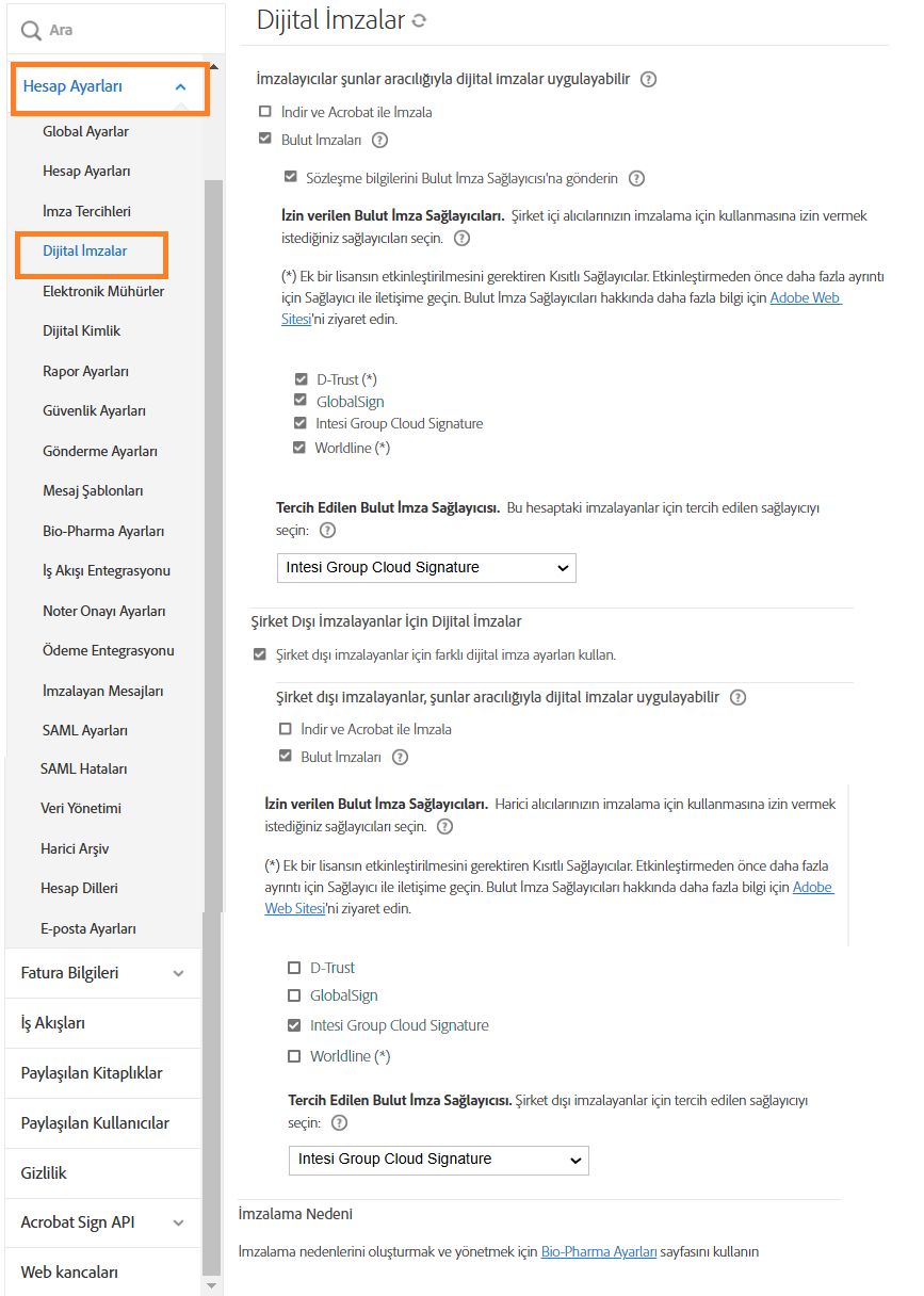 Yönetici yapılandırma menüsündeki Dijital İmza sayfasının tamamı