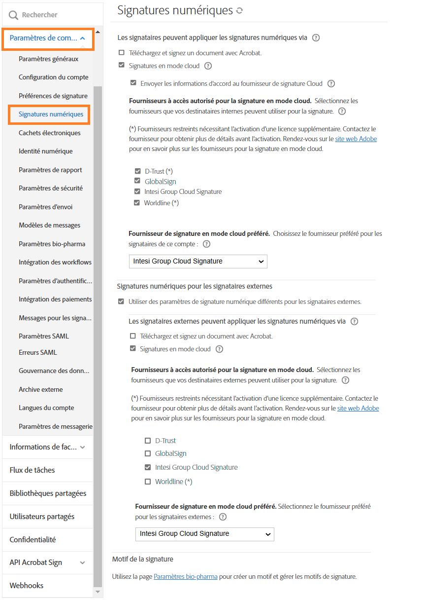 Page Signature numérique intégrale dans le menu Configuration de l’administrateur