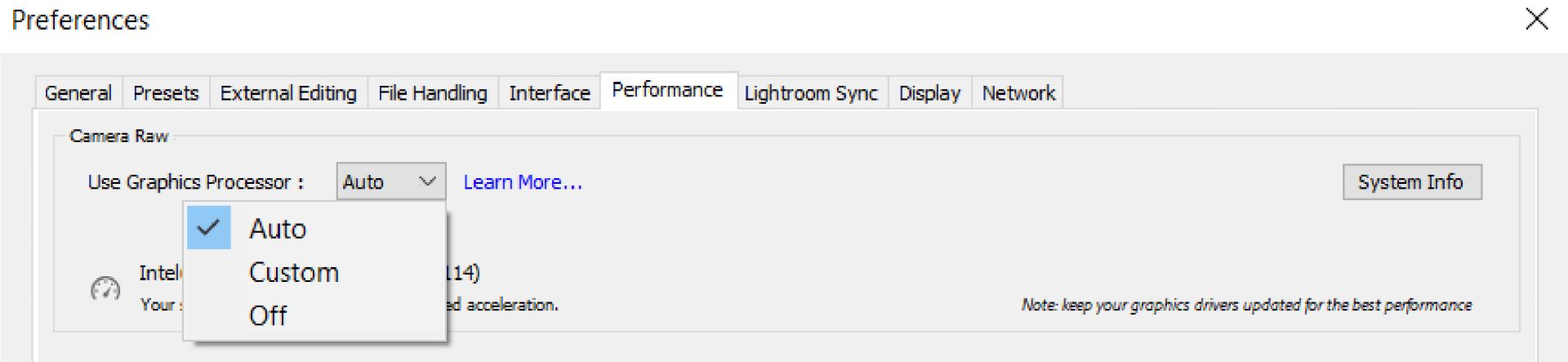 Preferência de GPU do Lightroom Classic