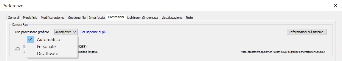 Preferenza GPU di Lightroom Classic