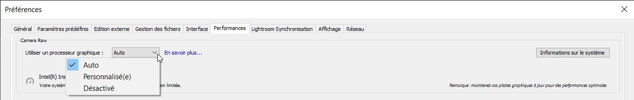 Préférences GPU de Lightroom Classic