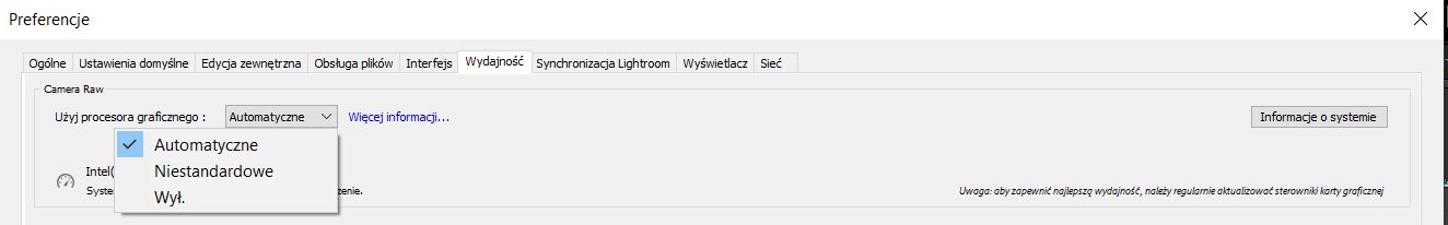 Preferencje dotyczące GPU w aplikacji Lightroom Classic
