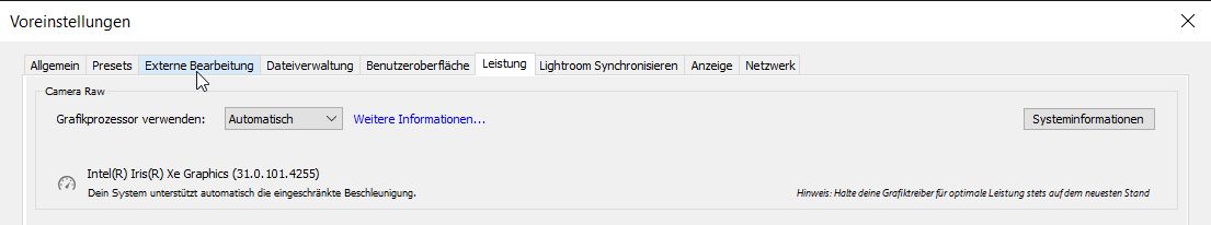 Lightroom Classic GPU-Voreinstellung