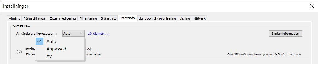 Inställning för Lightroom Classics grafikprocessor