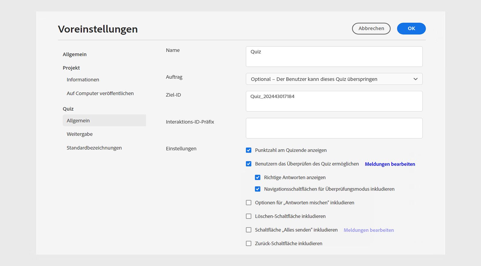 Allgemeine Quizvoreinstellungen