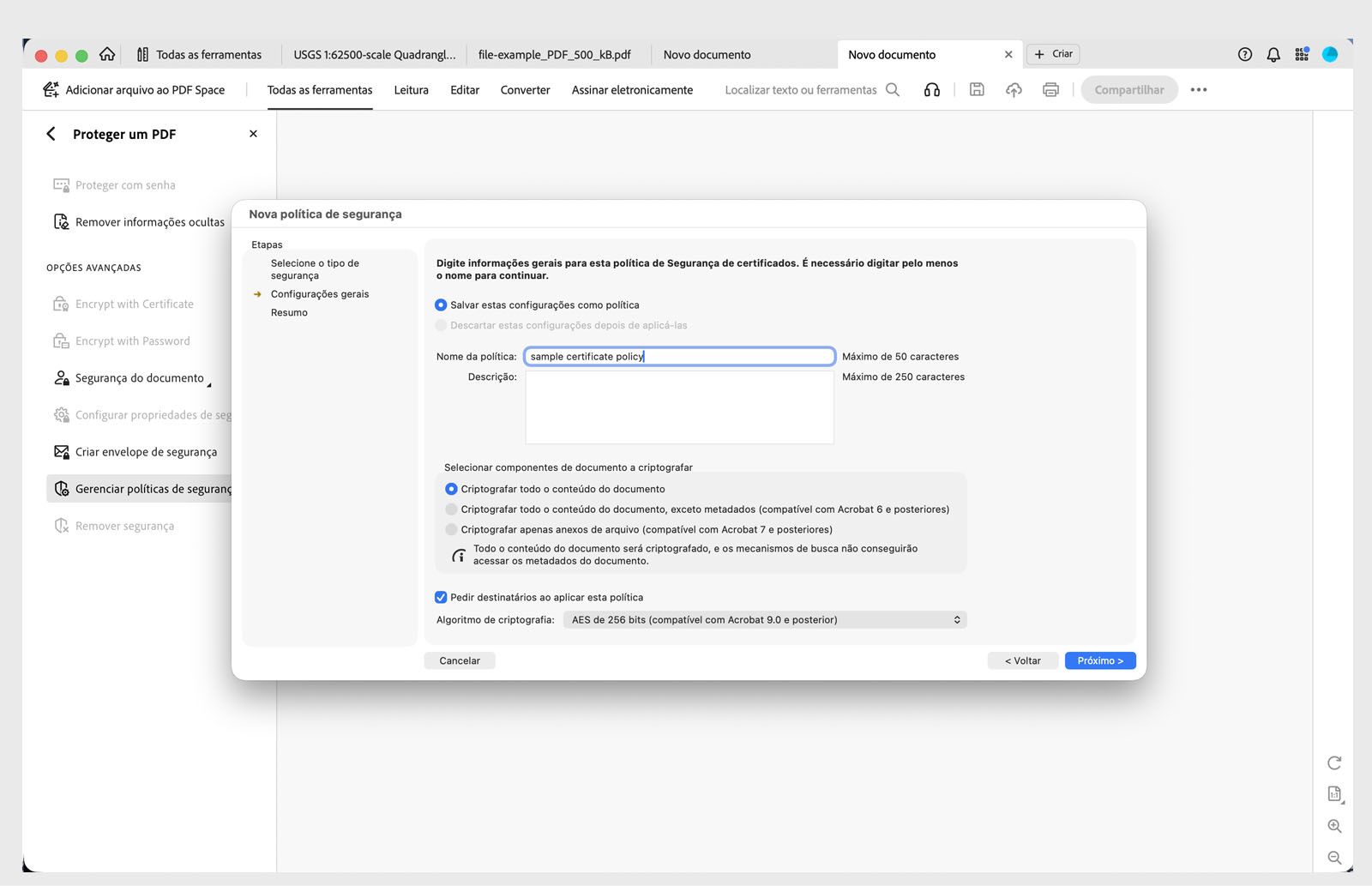 Página de configurações gerais para criar uma política de segurança de certificado, mostrando detalhes da política e opções de criptografia.