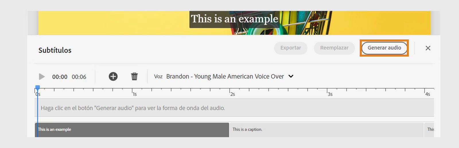 Imagen que muestra cómo se genera audio para los subtítulos
