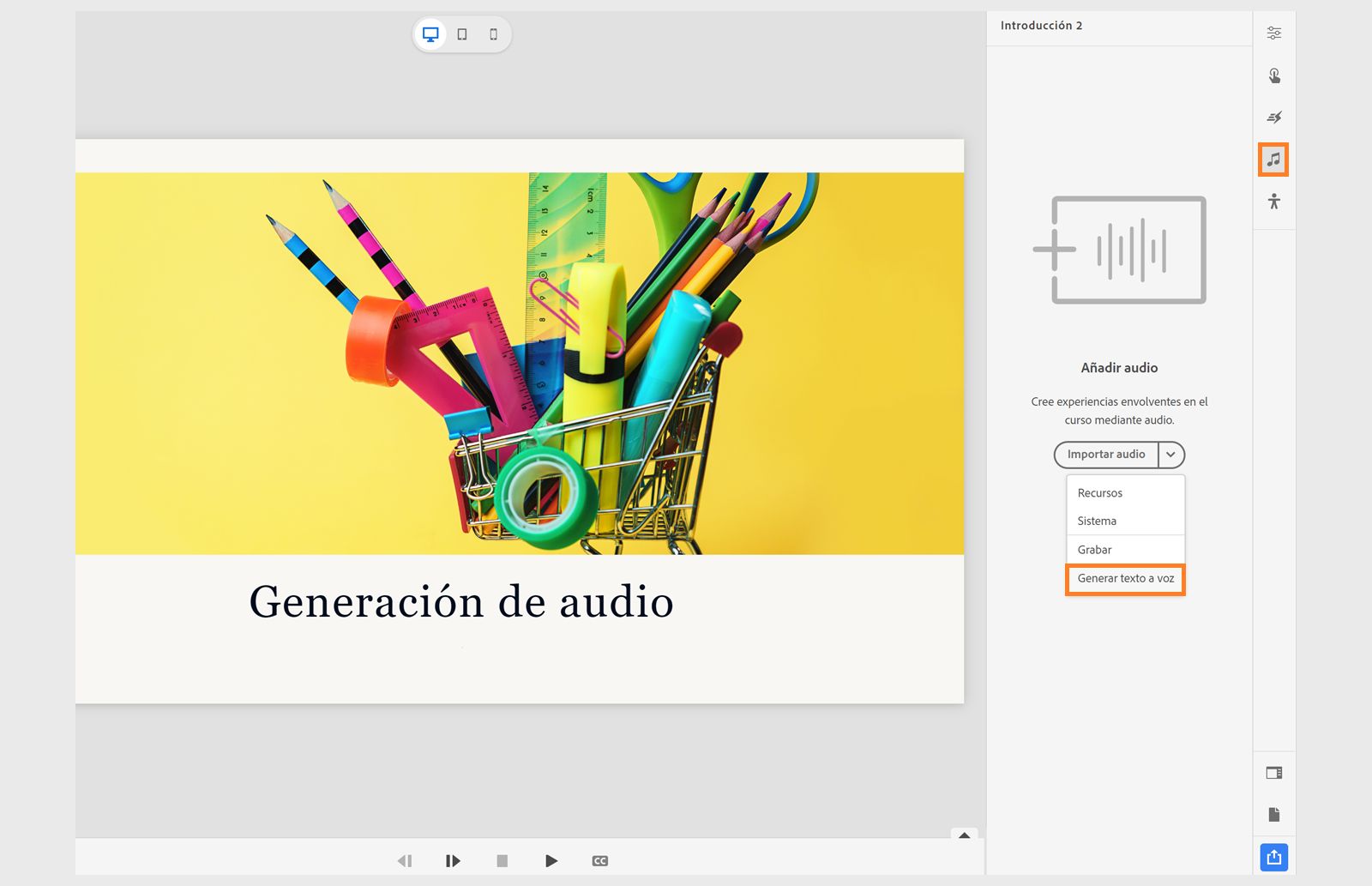 En esta imagen, se muestra cómo seleccionar la opción para generar texto a voz.