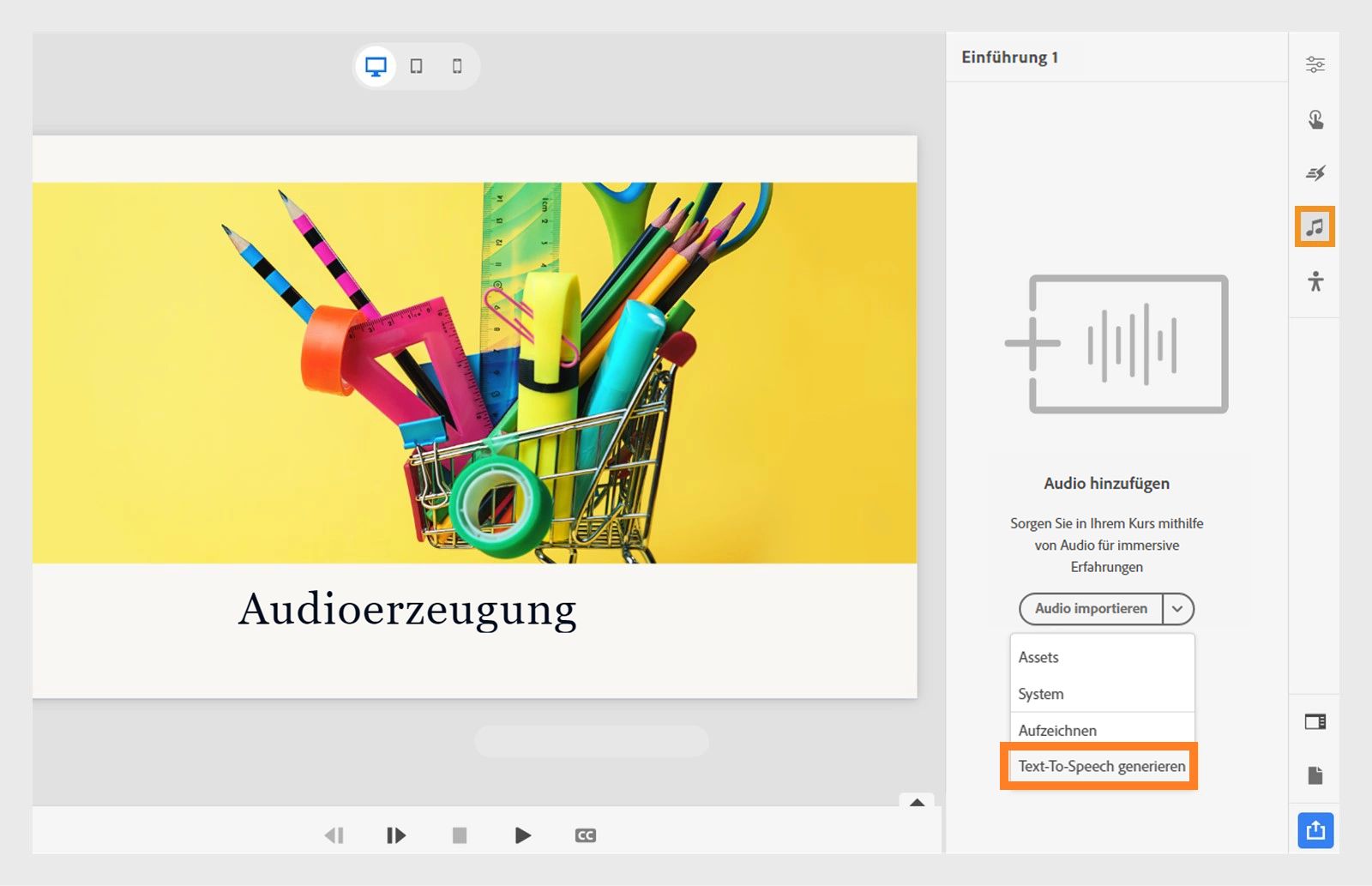 Dieses Bild zeigt, wie Sie „Umwandeln von Text in Sprache“ auswählen