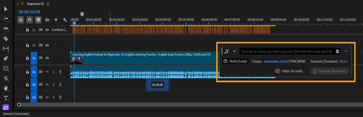 Controles de Generate Music en Premiere mostrando una indicación de texto, opción Bucle, configuración de Tempo, duración seleccionada, coste de crédito generativo y botón Generar.