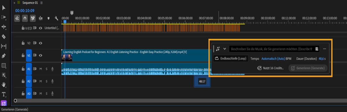Steuerelemente für „Musik generieren“ in Premiere, die einen Text-Prompt, die Option „Loop“, die Tempoeinstellung, die ausgewählte Dauer, die Kosten für Generative Credits und die Schaltfläche „Generieren“ anzeigen.