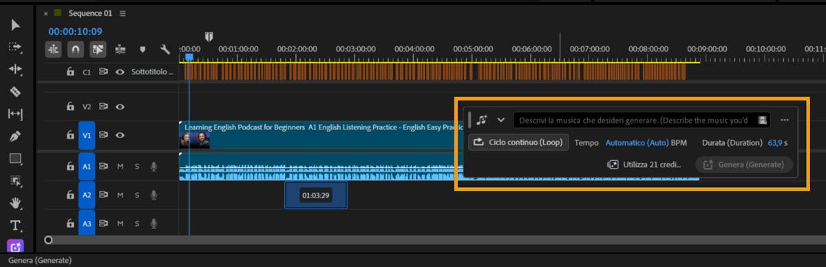 Timeline di Premiere con la barra degli strumenti Genera file multimediali evidenziata, che mostra le opzioni per descrivere la musica da generare, abilitare la funzione Loop, impostare il tempo, visualizzare la durata selezionata e il costo in crediti, e generare la musica.