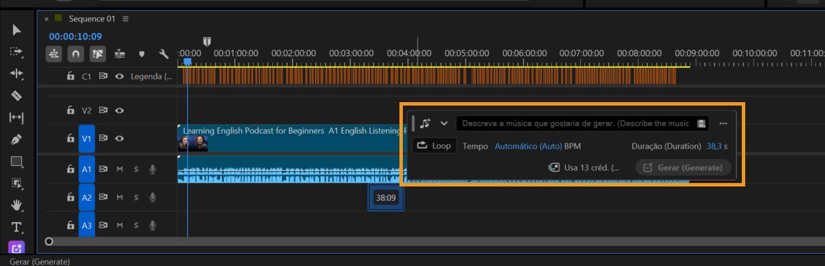 Linha do tempo do Premiere com a barra de ferramentas Gerar mídia destacada, mostrando opções para descrever a música a ser gerada, habilitar o Loop, definir o tempo, visualizar a duração selecionada e o custo do créditos e gerar a música.