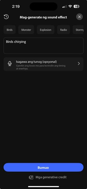 Generate sound effect screen na nagpapakita ng mga mungkahing sound prompt tulad ng Mga Ibon, Mga Halimaw, at Pagsabog, na may text box para maglarawan ng tunog.