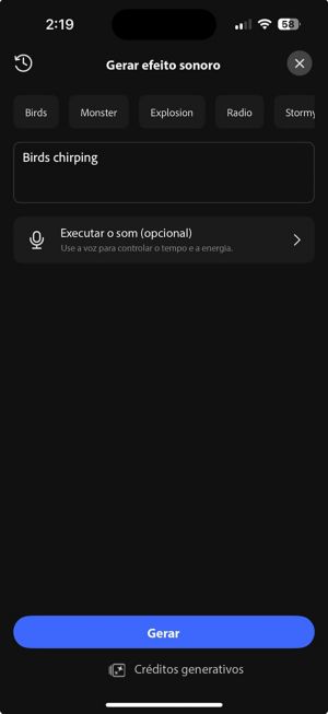Tela “Gerar efeito sonoro”, mostrando prompts de som sugeridos, como pássaros, monstros e explosão, com uma caixa de texto para descrever um som.