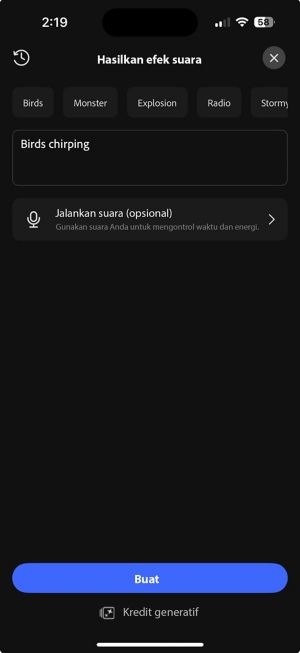 Layar Hasilkan efek suara menampilkan prompt suara yang disarankan seperti Burung, Monster dan Ledakan, dengan kotak teks untuk mendeskripsikan suara.