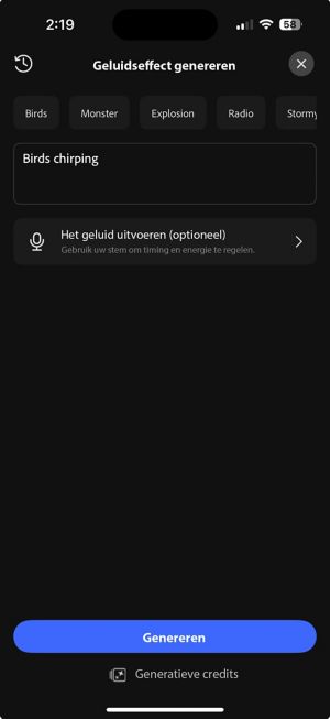 Genereer een scherm met geluidseffecten met suggesties voor geluiden, zoals vogels, monsters en explosies, met een tekstvak om een geluid te beschrijven.