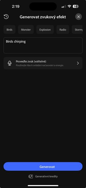 Generujte obrazovku se zvukovým efektem zobrazující doporučené zvukové výzvy, jako jsou ptáci, monstra a výbuch, s textovým polem popisujícím zvuk.