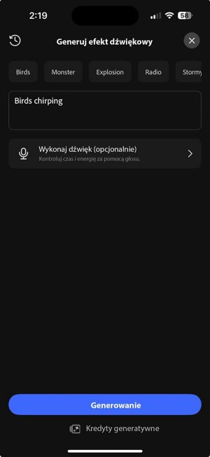 Ekran generowania efektów dźwiękowych wyświetlający sugerowane polecenia generowania dźwięku, takie jak ptaki, potwory i eksplozje, wraz z polem tekstowym do opisania dźwięku.