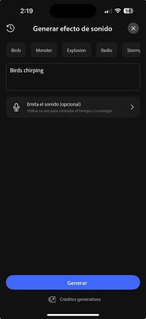 Pantalla de generación de efectos de sonido mostrando sugerencias de sonidos como pájaros, monstruos y explosiones, con un cuadro de texto donde se puede describir el sonido.