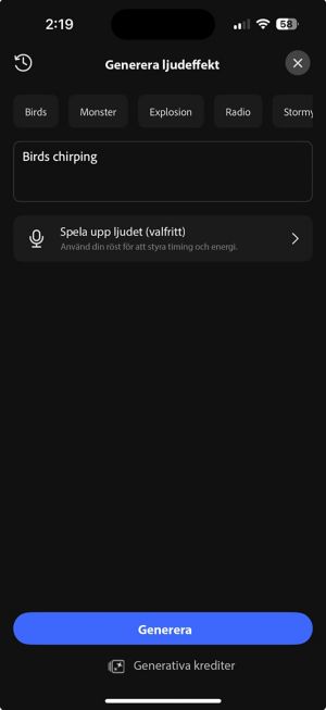 Generera en ljudeffektskärm som visar föreslagna ljuduppmaningar som Fåglar, Monster och Explosion, med en textruta som beskriver ett ljud.