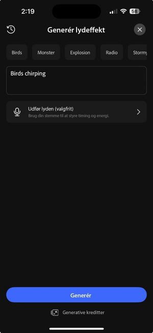 Skærmbilledet Generér lydeffekt vist med forslag til lydprompter såsom fugle, monstre og eksplosion, med et tekstfelt til at beskrive lyden.