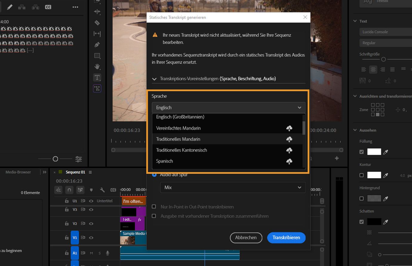Das Dialogfeld „Statisches Transkript generieren“ ist geöffnet und das Dropdown-Menü „Sprache“ ist ausgewählt.Es sind mehrere Sprachen aufgelistet, die heruntergeladen werden können.