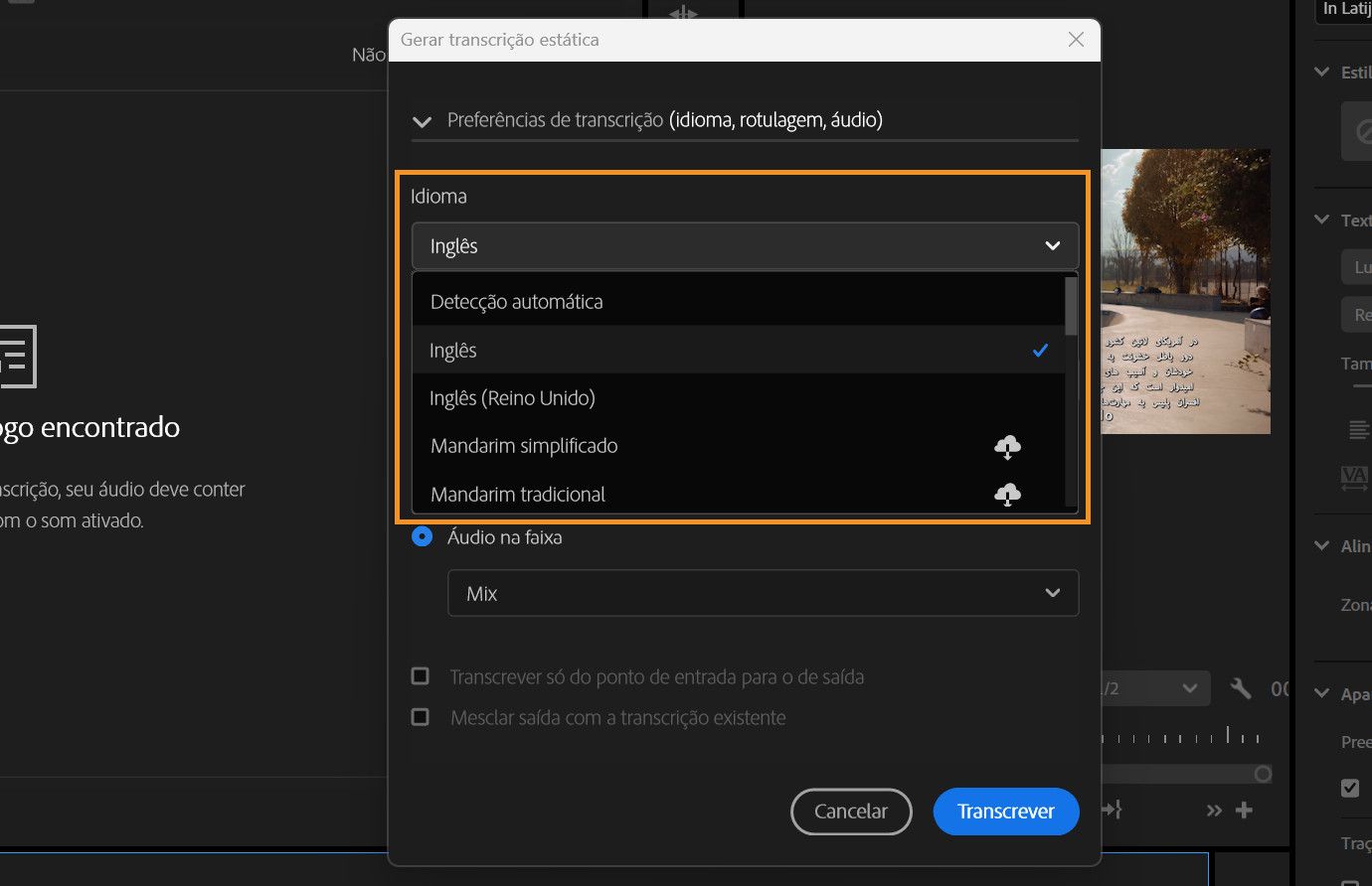 A caixa de diálogo para gerar transcrição estática está aberta com o menu suspenso de Idioma selecionado.Há vários idiomas listados com as opções de baixá-los.