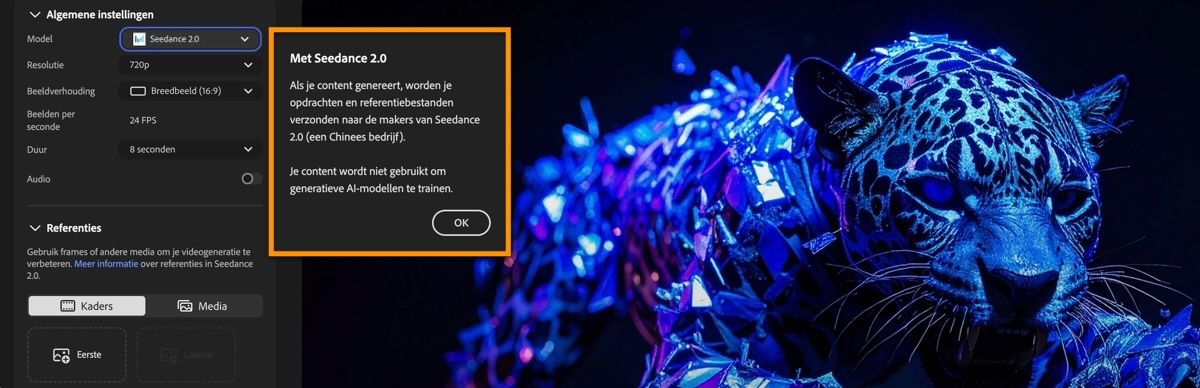 De pagina 'Video genereren' toont Seedance 2.0 geselecteerd als model en een informatiedialoogvenster voor het partnermodel.