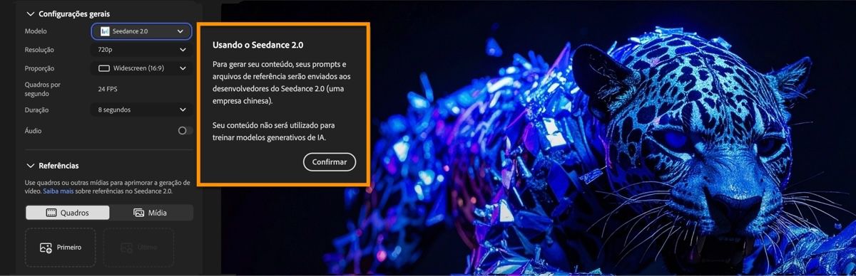 A página Gerar vídeo mostra o Seedance 2.0 selecionado como modelo e uma caixa de diálogo com informações do modelo parceiro.