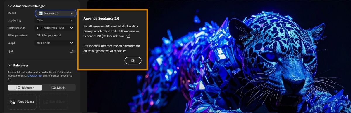 Sidan Generera video visar Seedance 2.0 vald som modell och en informationsdialog för partnermodell.