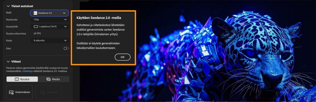 Seedance 2.0 näkyy valittuna mallina ja kumppanin mallina Generoi video -sivun tietoikkunassa.