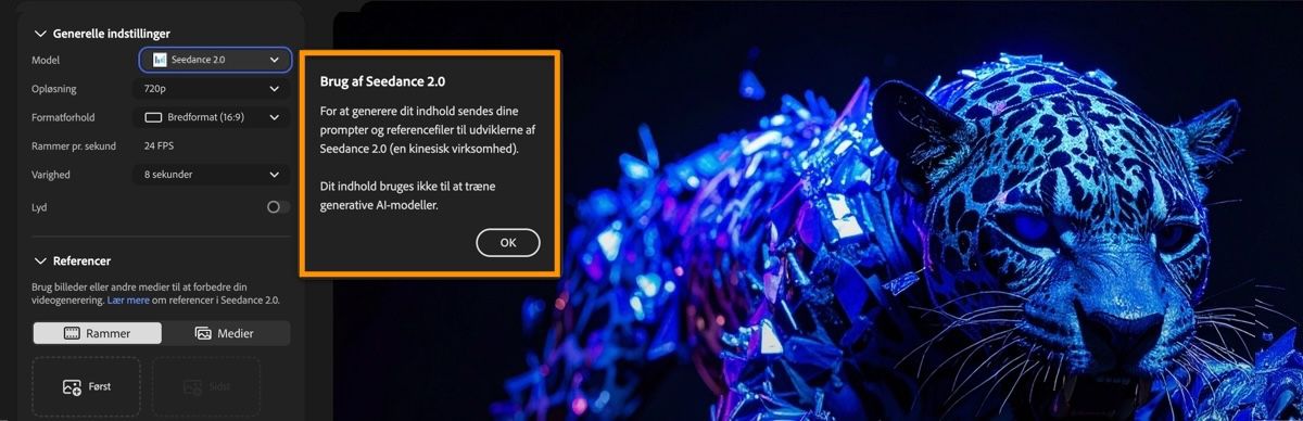 Siden "Generér video" viser Seedance 2.0 valgt som modellen og en dialogboks med partnermodeloplysninger.