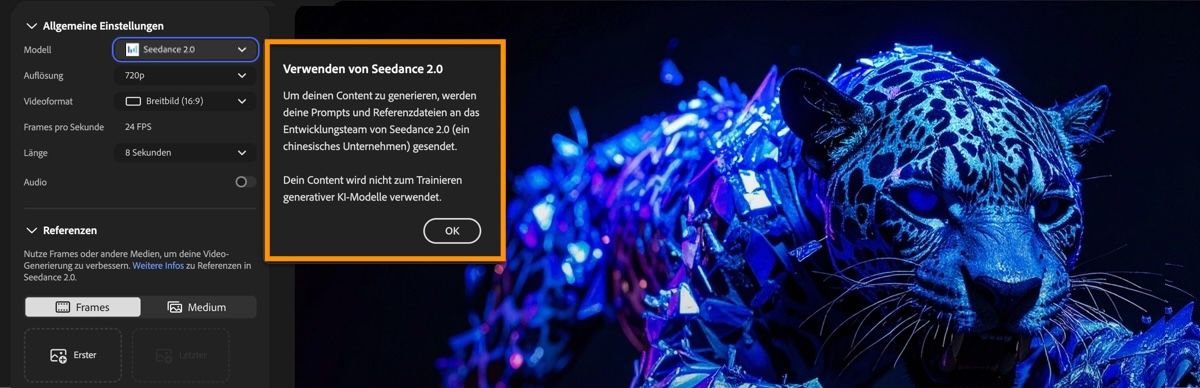 Die Seite „Video generieren" zeigt Seedance 2.0 als ausgewähltes Modell und ein Dialogfeld mit Informationen zum Partnermodell.