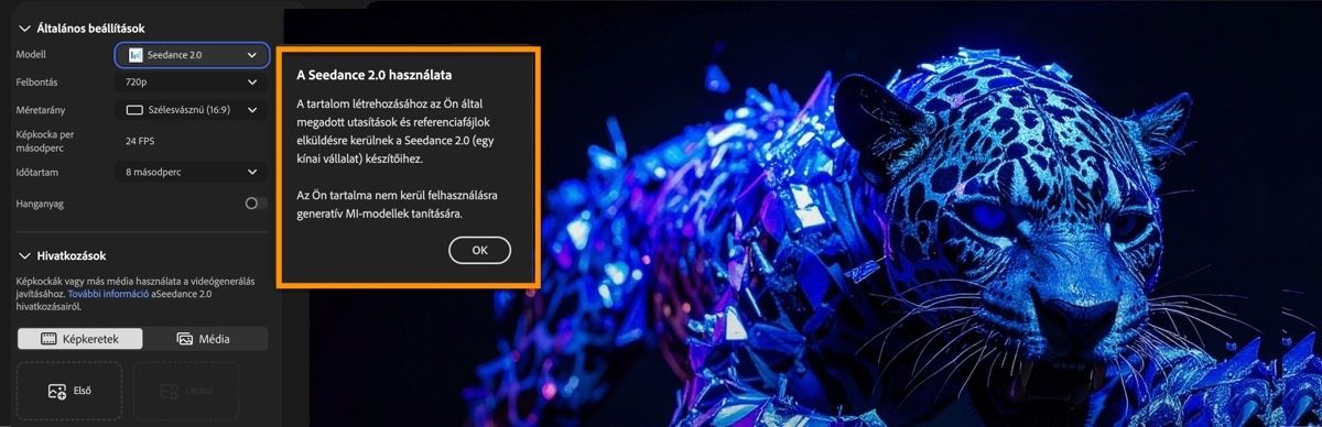 A videó létrehozása oldal a Seedance 2.0-t mutatja kiválasztott modellként, illetve egy partnermodell információs párbeszédpanelt.