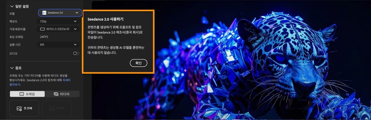 비디오 생성 페이지에서 모델로 선택된 Seedance 2.0과 파트너 모델 정보 대화상자가 표시됩니다.