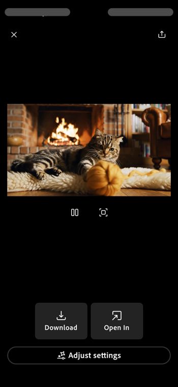 Der Text-zu-Video-Bildschirm in Firefly iOS zeigt ein generiertes Video mit Optionen zum Herunterladen, Öffnen in anderen Apps und zum Anpassen der Einstellungen an.