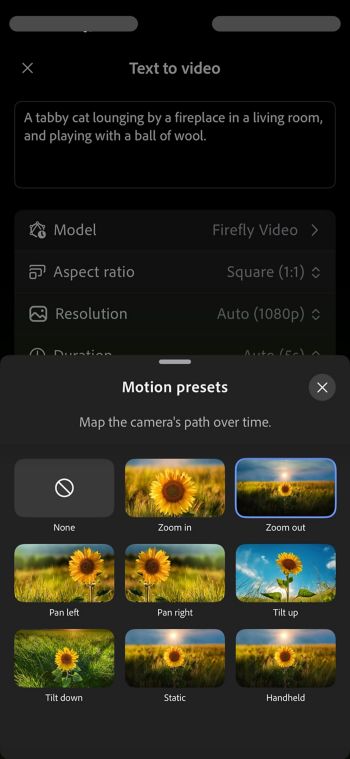 Tekst til video-skjermbildet på Firefly iOS viser delen Forhåndsinnstillinger for bevegelse med alternativer som Ingen, Zoom inn, Zoom ut og andre.