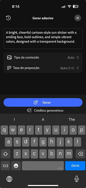 Tela “Adesivo generativo”, mostrando um prompt escrito, o tipo de conteúdo e as opções de proporção, e o botão “Gerar”.